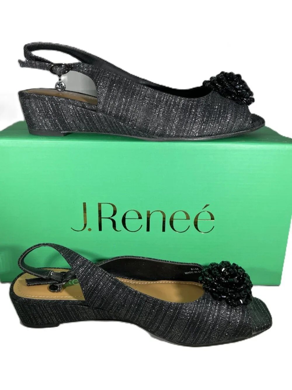 J. Renee NIB Women's Black DONALDA Slingback Wedge Shoe, Size 8.5M